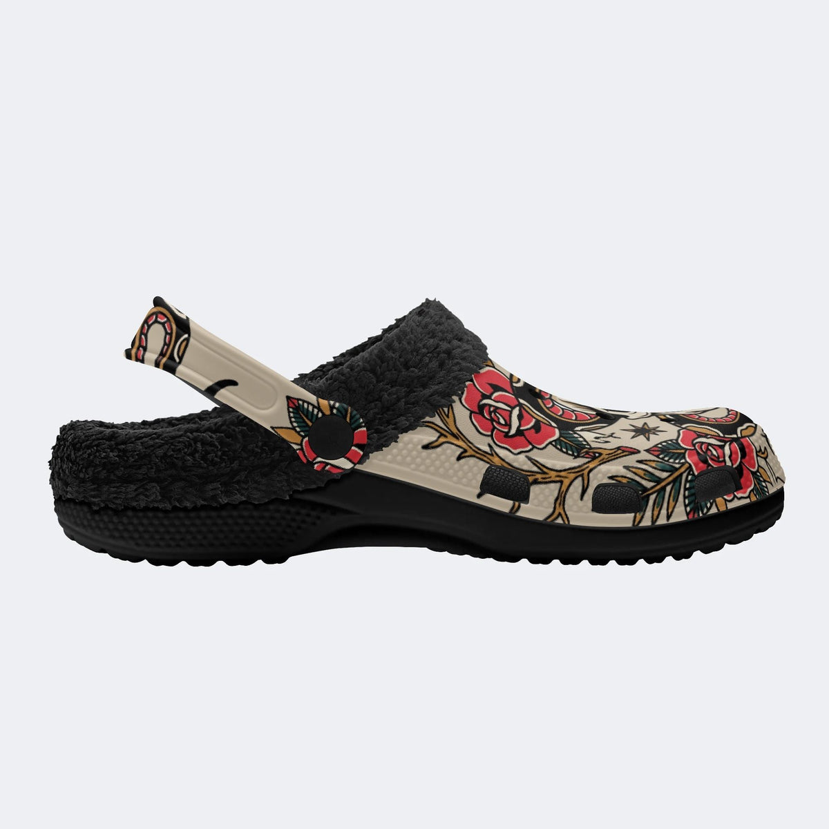 Tattoo Skull Serpent Rose - Fur Lined Slippers/Sandals