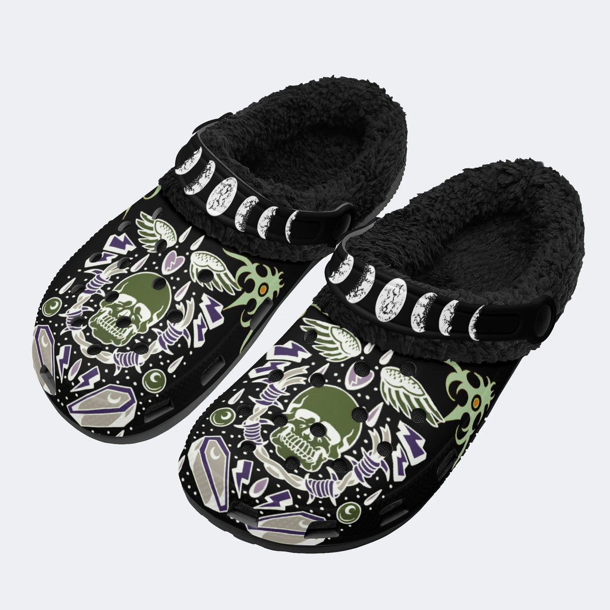 Horror Skull Skeleton Print - Fur Lined Slippers/Sandals