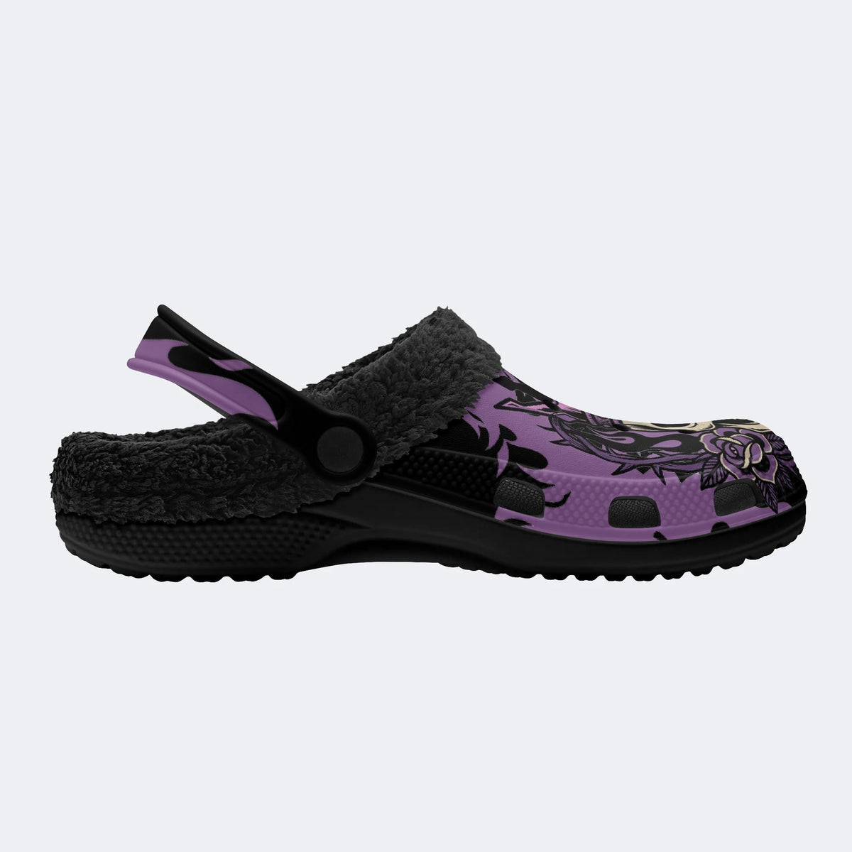 Gothic Crown Skull Purple Rose Flame - Fur Lined Slippers/Sandals