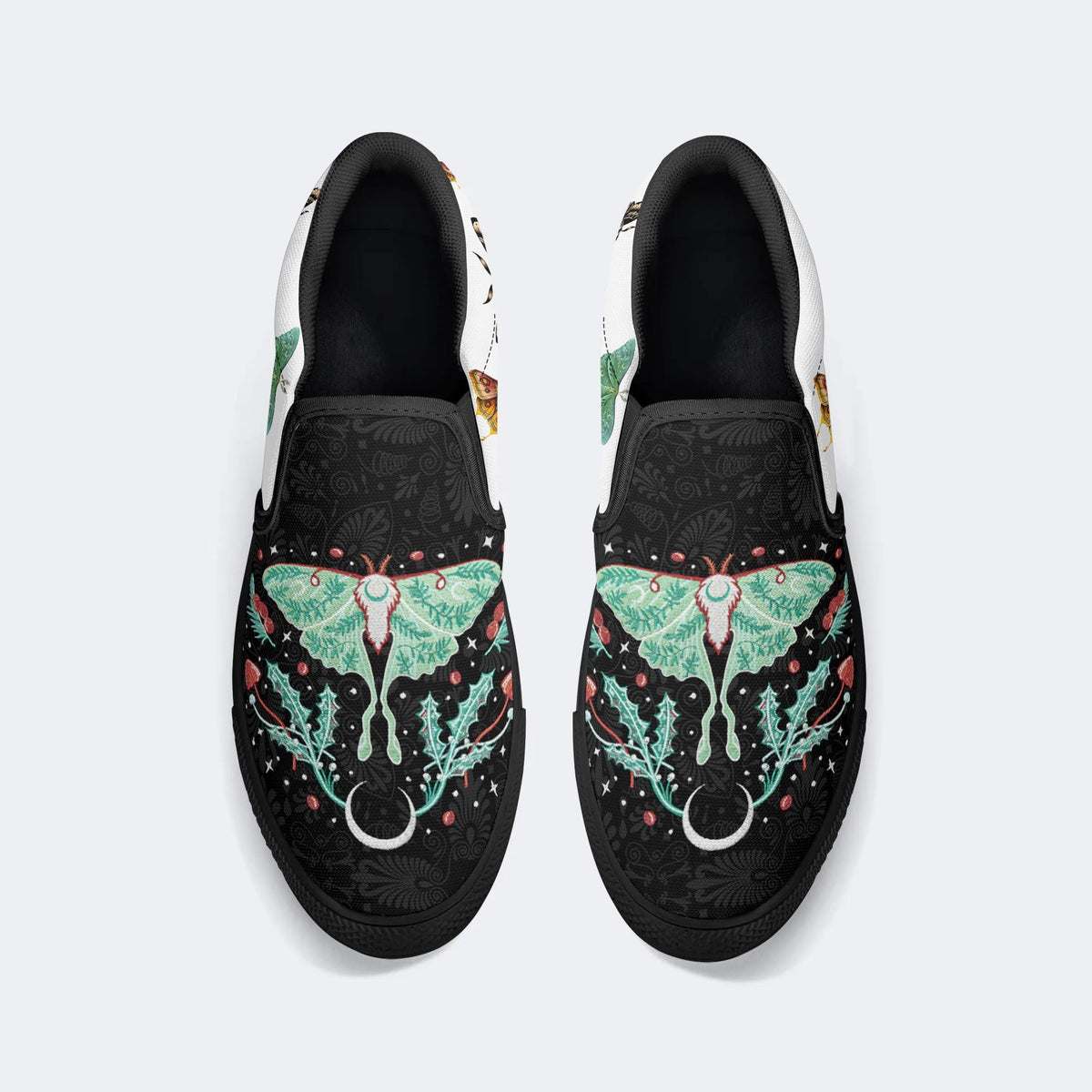 Green Moth In Mushroom Bush - Slip On Shoes