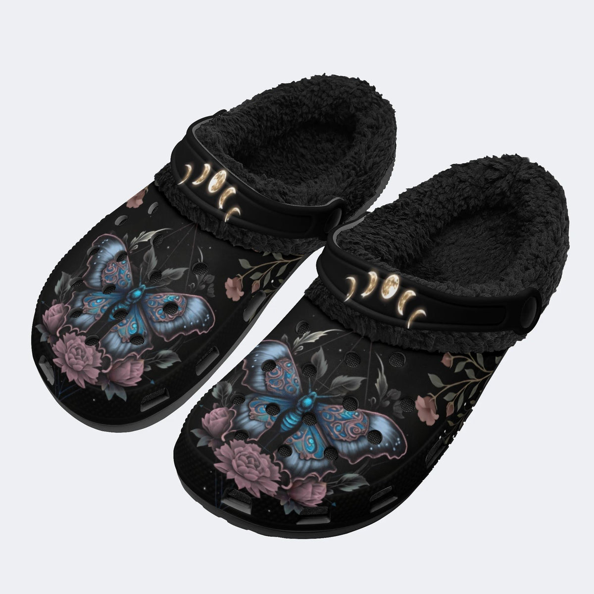 Floral Moth Print - Fur Lined Slippers/Sandals