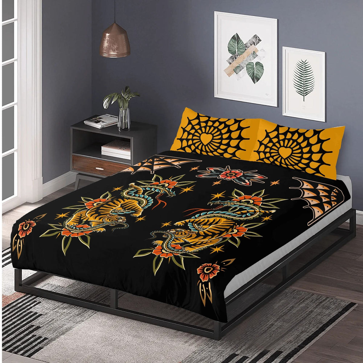 Dark Dragon And Snake Print - Three Piece Bedding Set