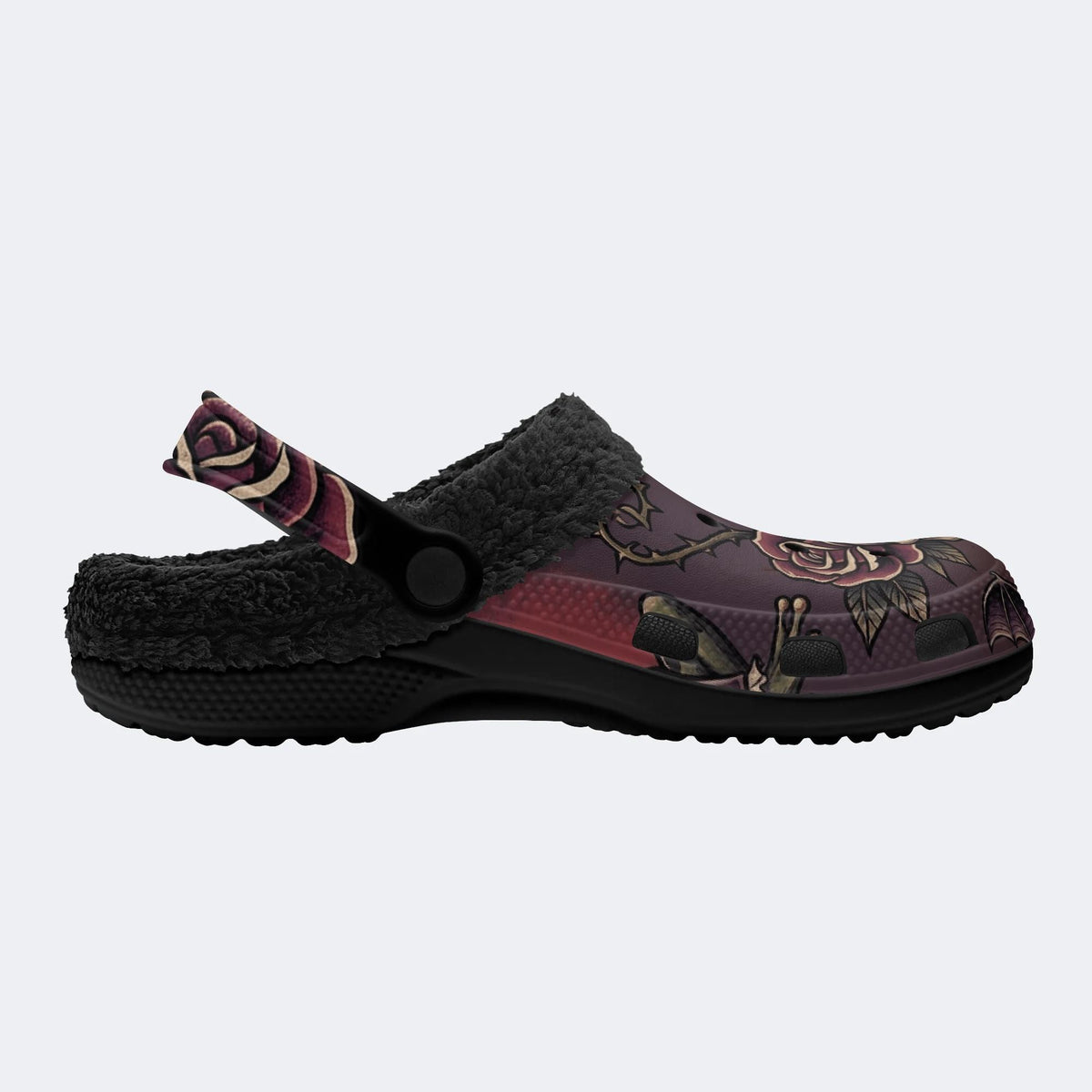 Gothic Skull Burgundy Rose Thorn Bat - Fur Lined Slippers/Sandals