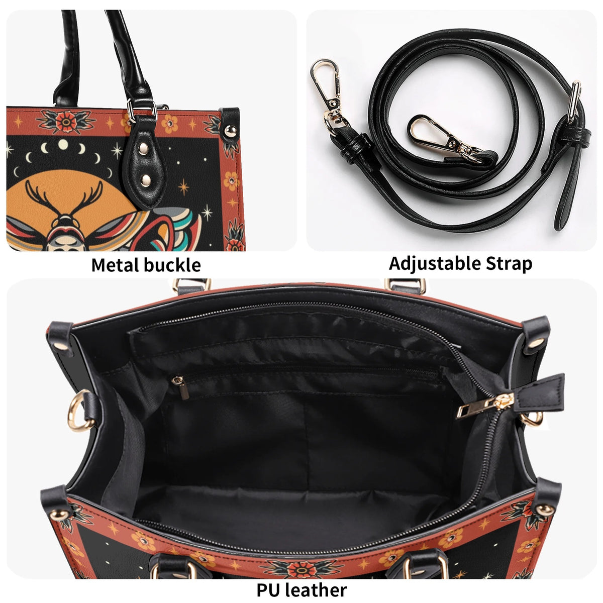Old School Death Moth Vintage Print - Leather Handbag