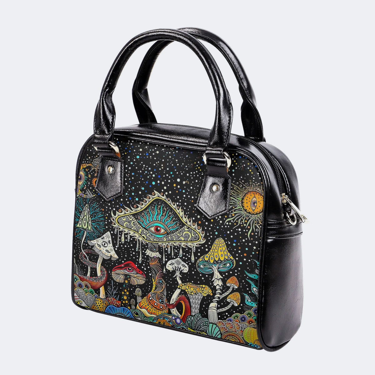 Retro Dark Mushroom Eyes Halloween Print - Leather Shoulder Handbag