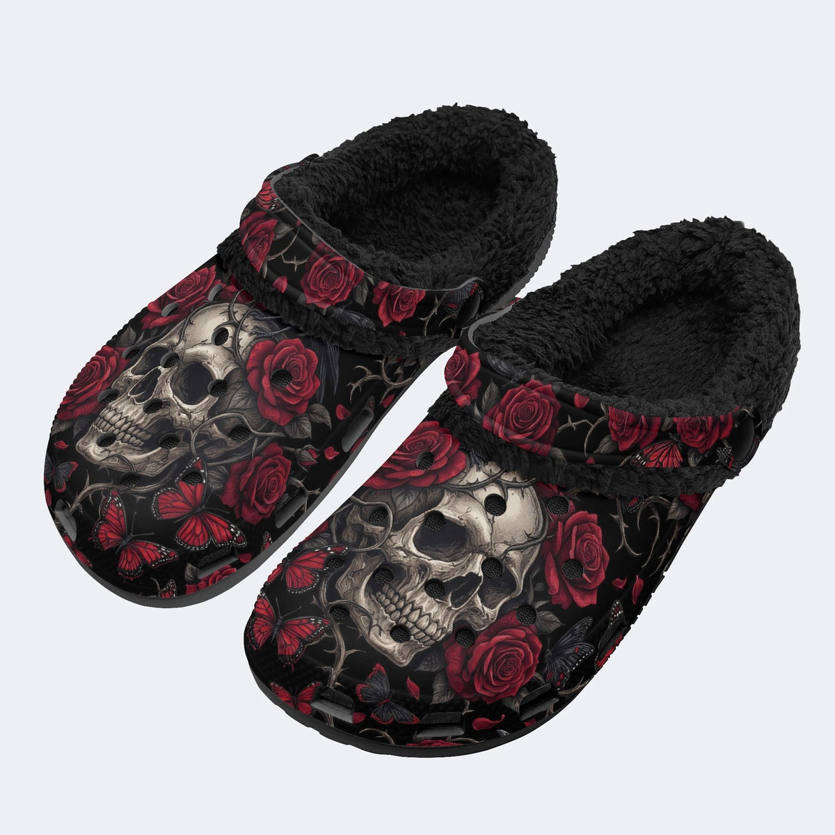 Gothic Rose Butterfly Skull‑Fur Lined Slippers Sandals