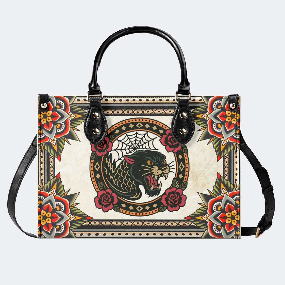 Black Panther Head Print - Leather Handbag