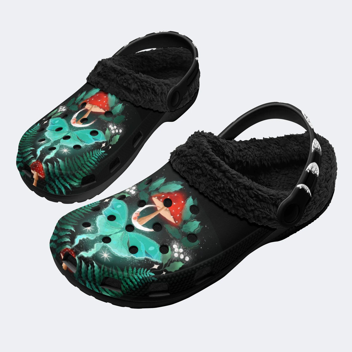 Night Sky Mushroom Butterfly Print - Removable Fur Lined Slippers/Sandals