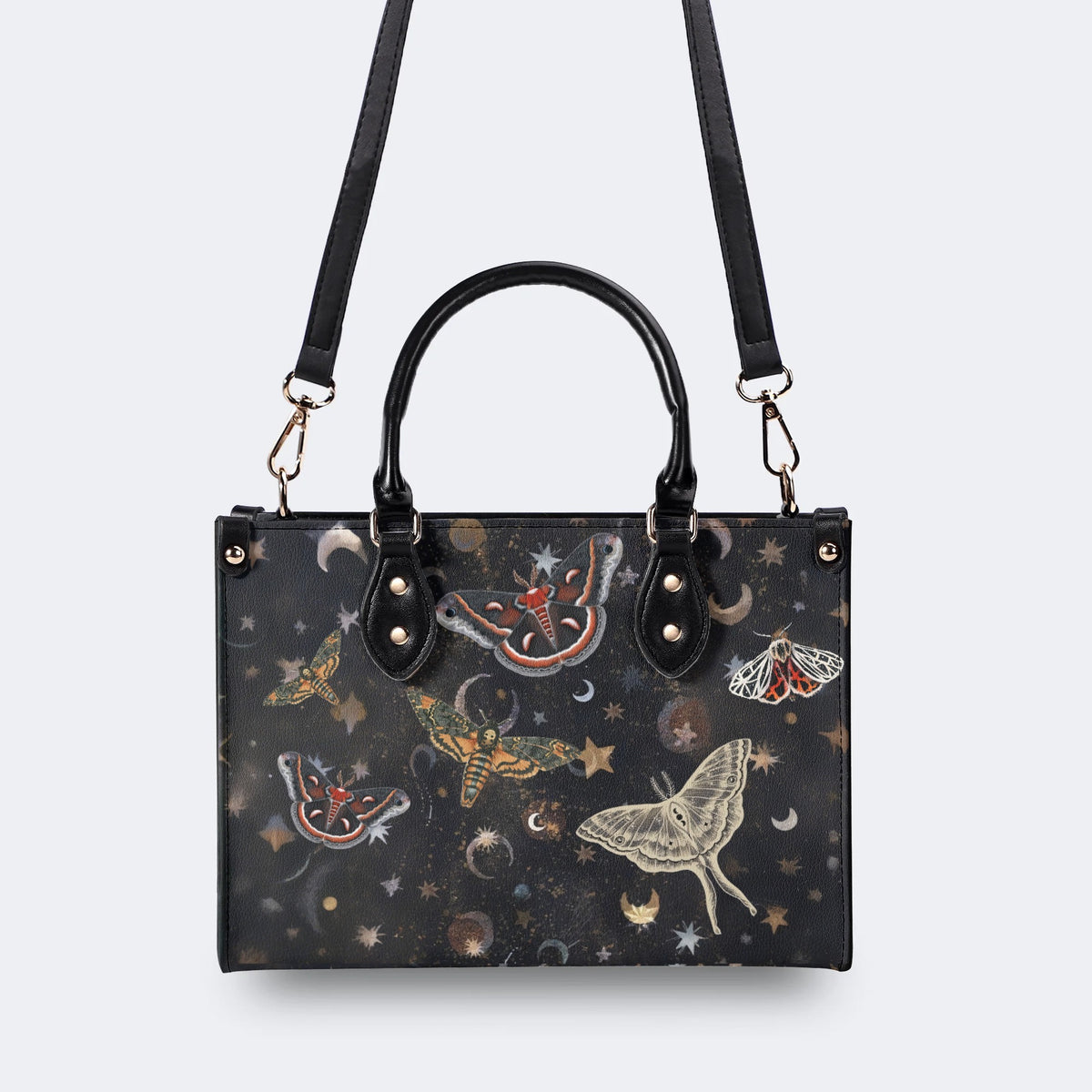 Retro Dark Moth Print - Leather Handbag