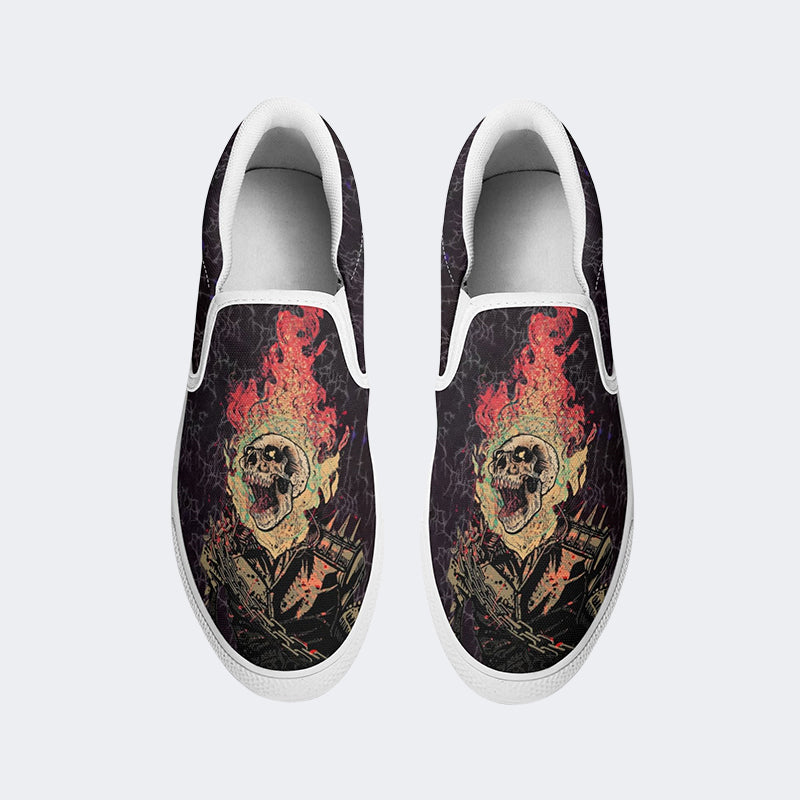 Unisex Punk Fire Skull Print - Slip On Shoes