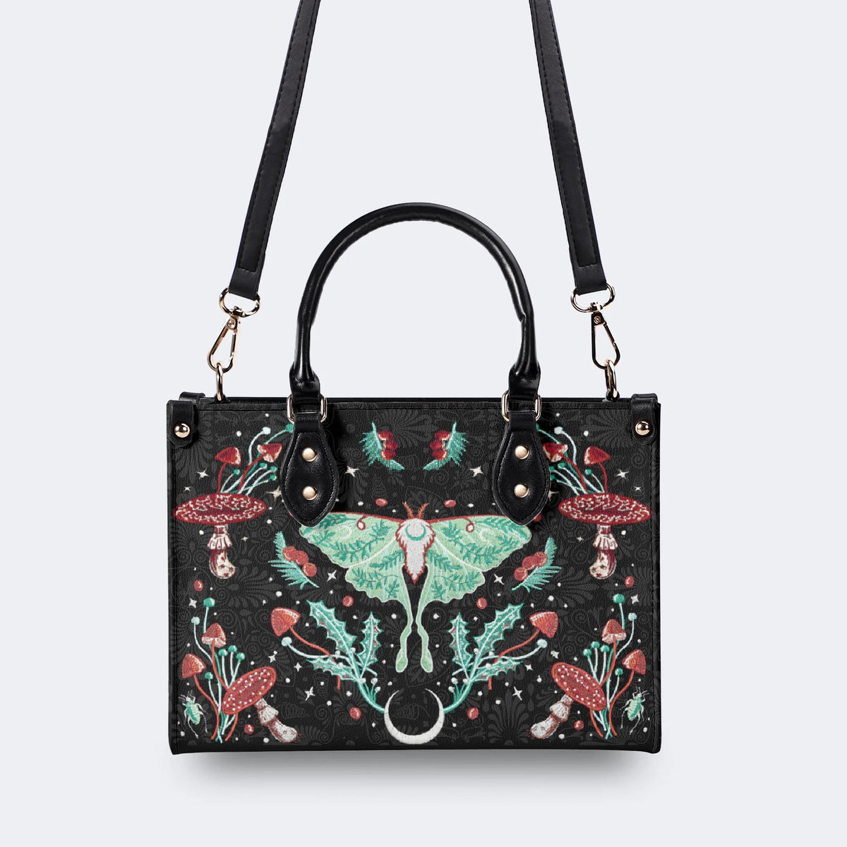 Green Moth In Mushroom Bush - Leather Handbag