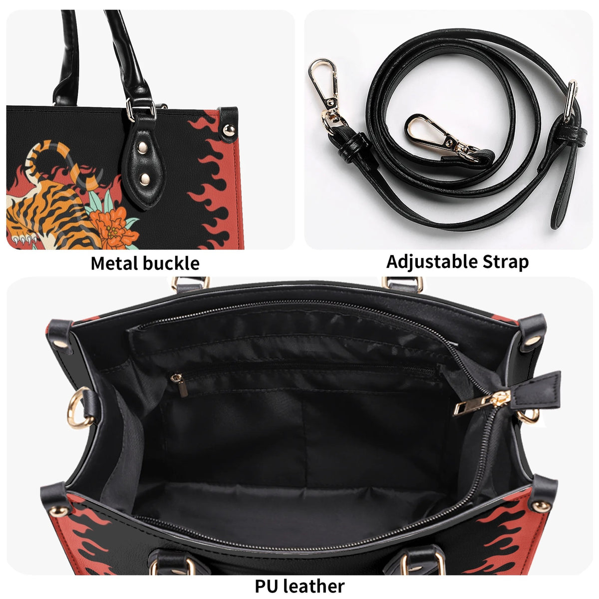 Old School Tiger and Flower Print - Leather Handbag