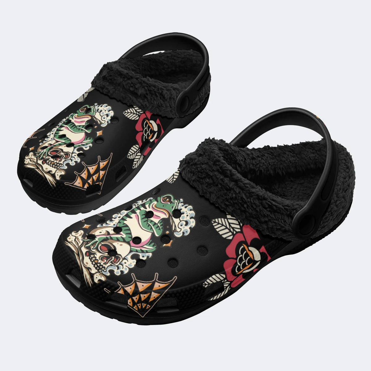 Traditional Skull & Frog Print - Fur Lined Slippers/Sandals