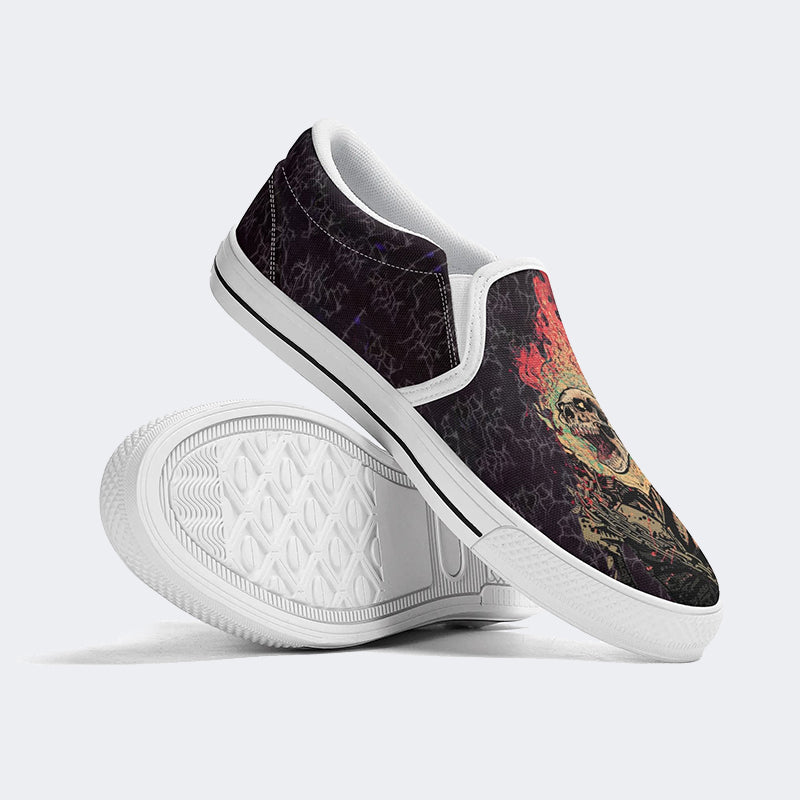 Unisex Punk Fire Skull Print - Slip On Shoes