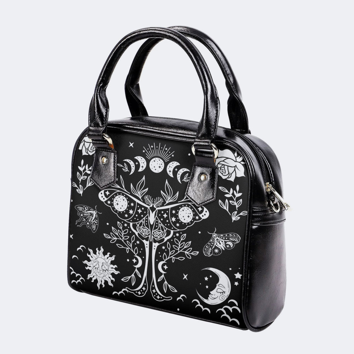 Sun And Moon Moth Retro Print - Leather Shoulder Handbag