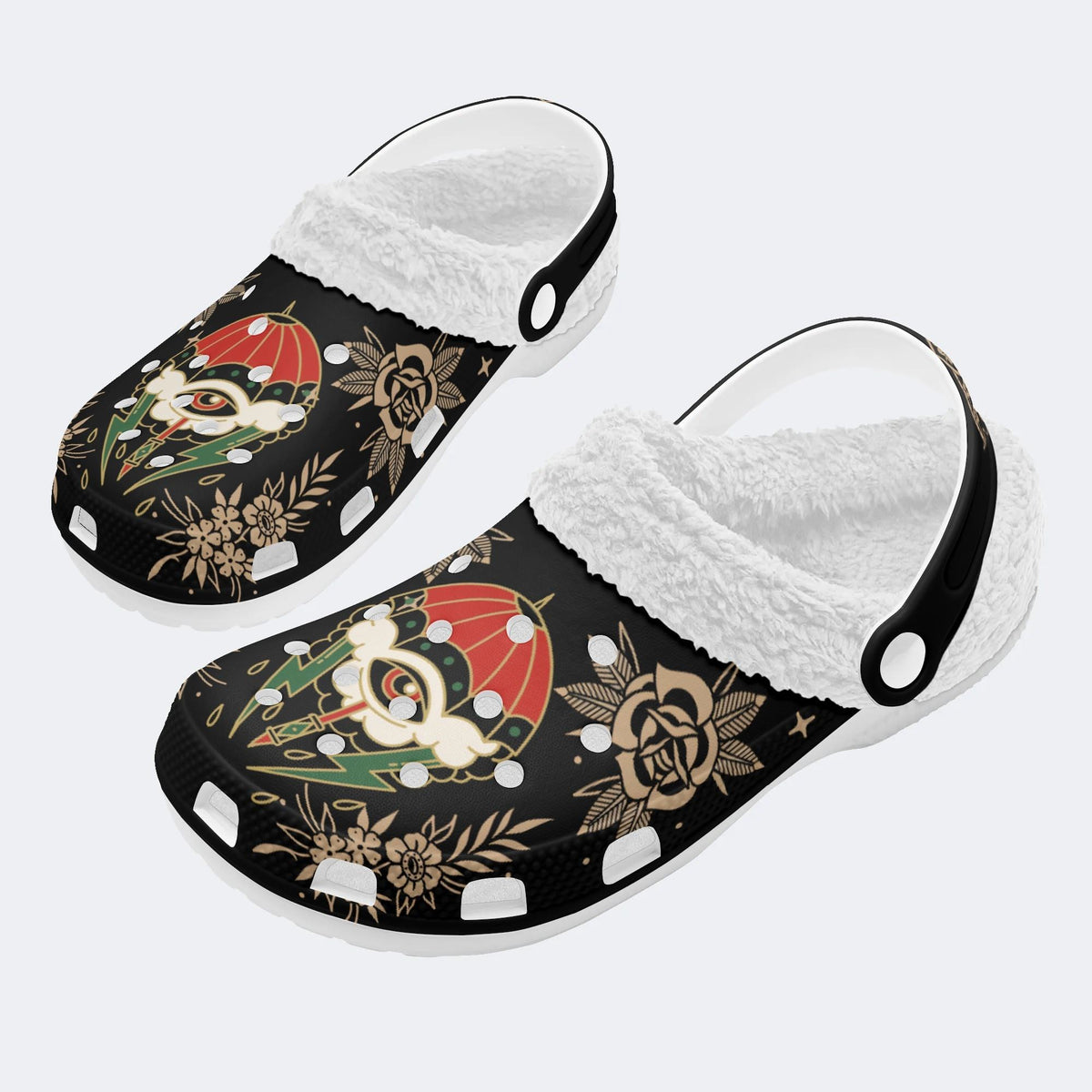 Lightning Umbrella Eyes Print - Fur Lined Slippers/Sandals