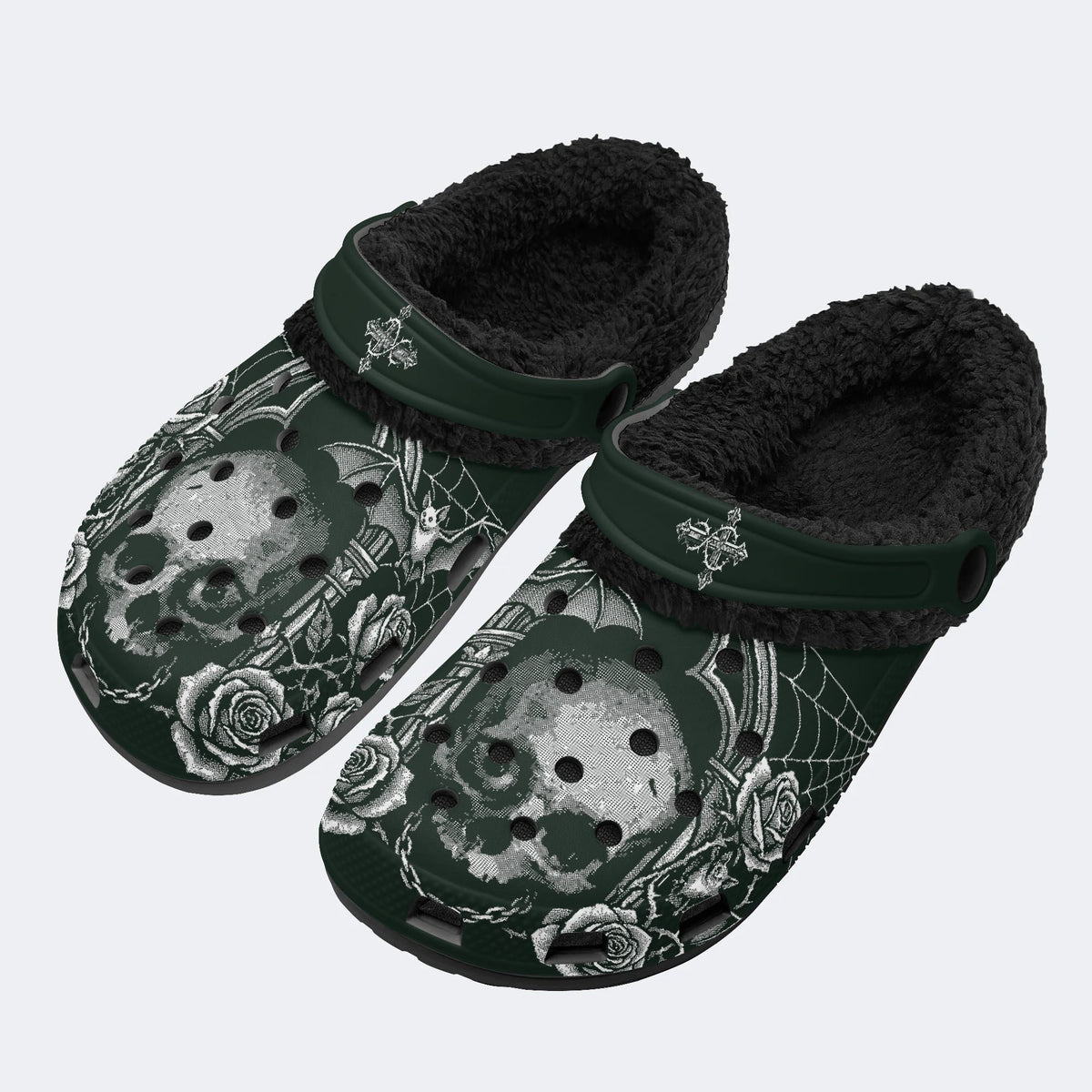 Dark Rose Skull Cross - Fur Lined Slippers/Sandals
