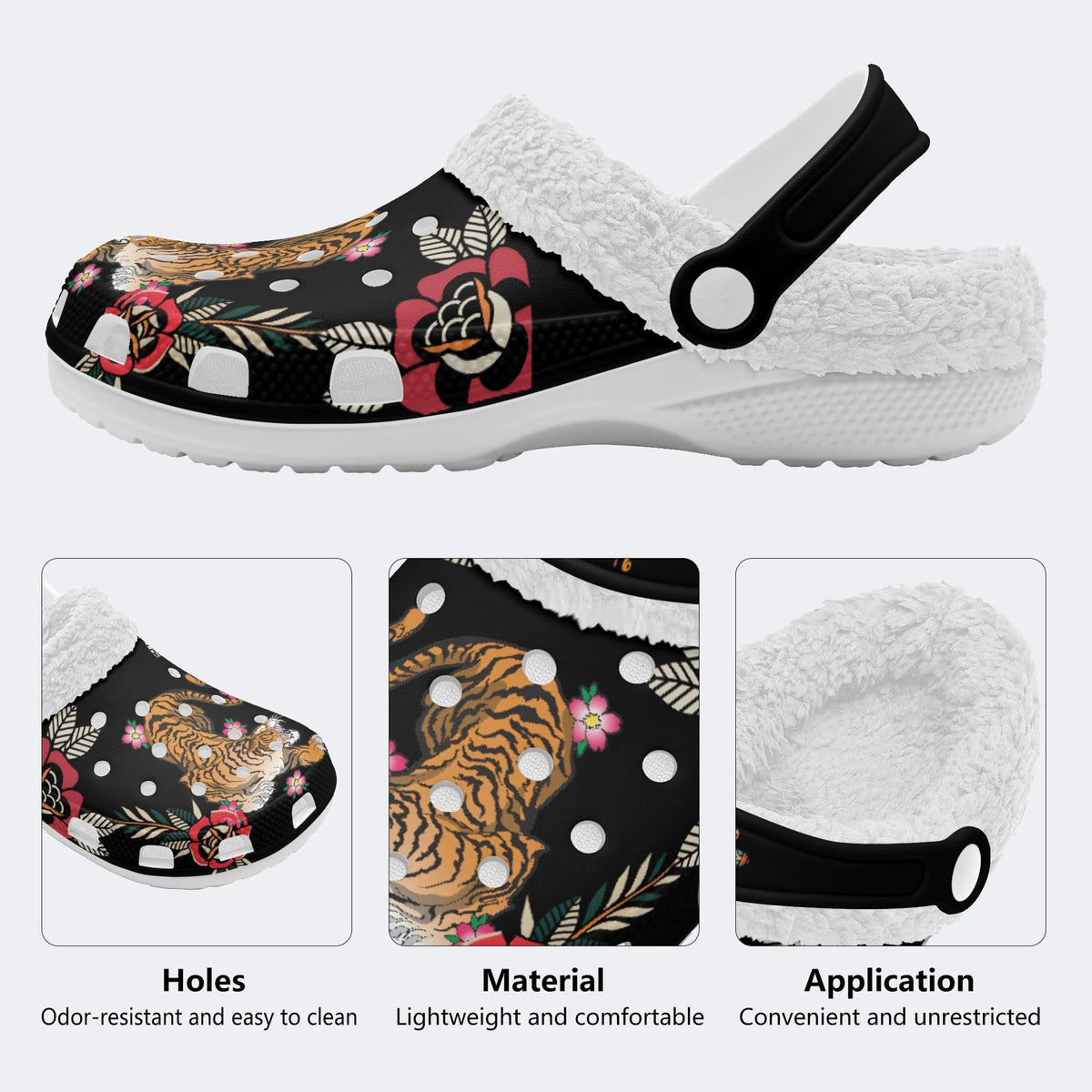 Tiger With Flowers Print - Fur Lined Slippers/Sandals