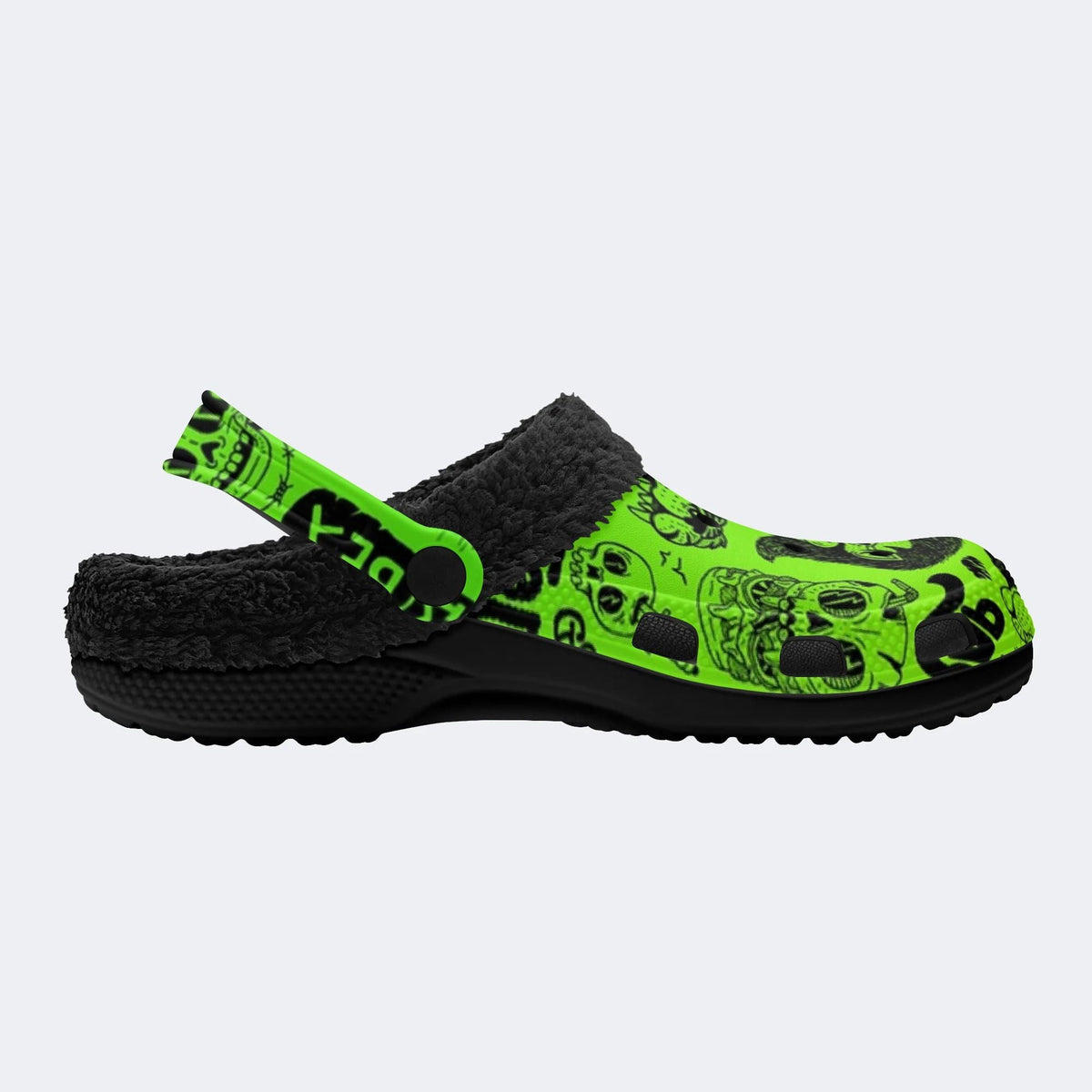Green Skull Doodle - Fur Lined Slippers/Sandals