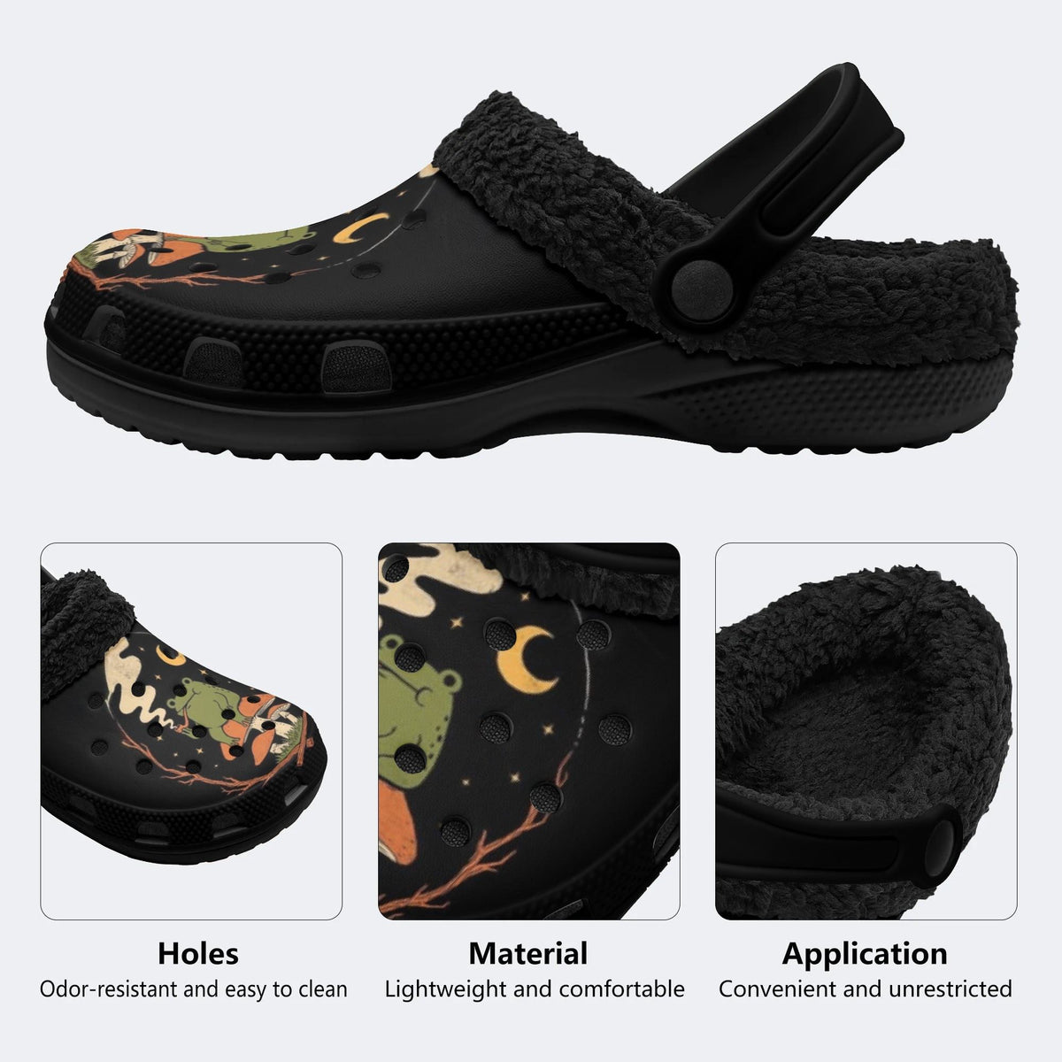 Gothic Witchy Frog Mushroom Crescent Moon - Fur Lined Slippers/Sandals