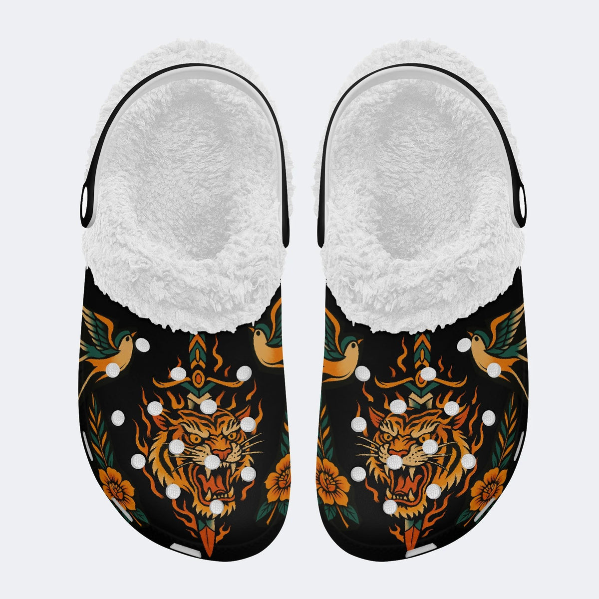 Old School Flame Tiger Print - Fur Lined Slippers/Sandals