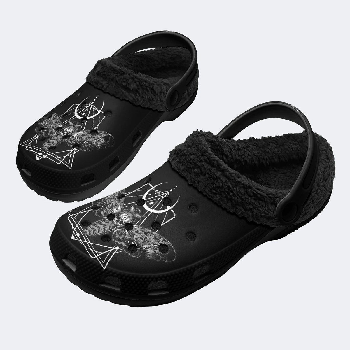 Gothic Death Moth Occult Crescent Moon - Fur Lined Slippers/Sandals