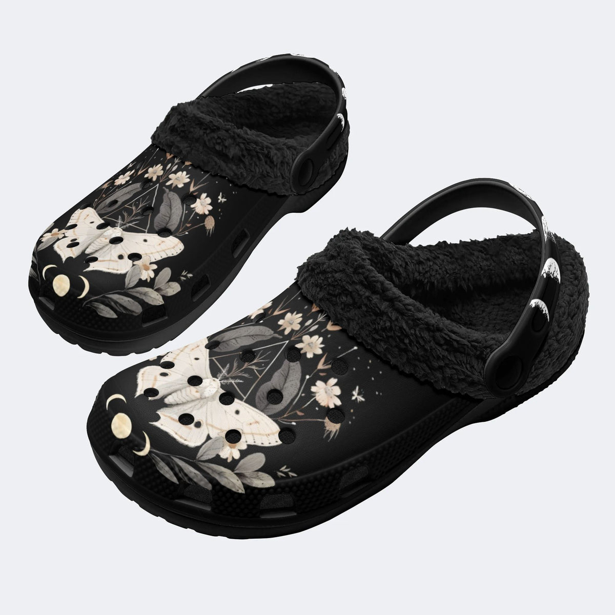 Vintage Floral Moth Print - Fur Lined Slippers/Sandals