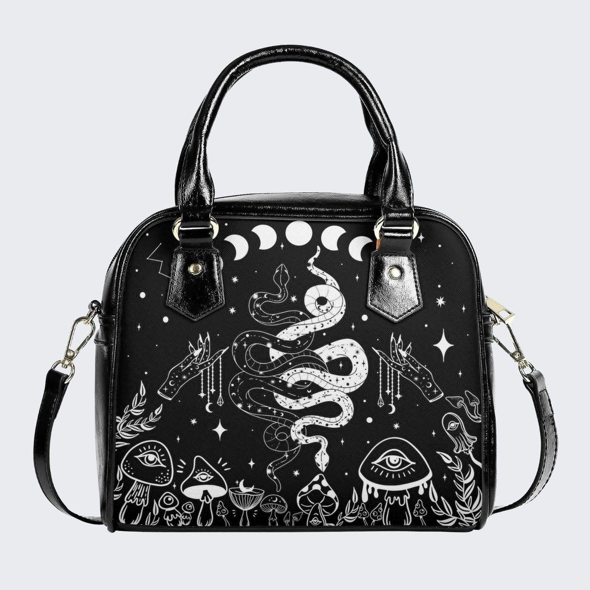 Classic Black And White Snake Print - Leather Shoulder Handbag
