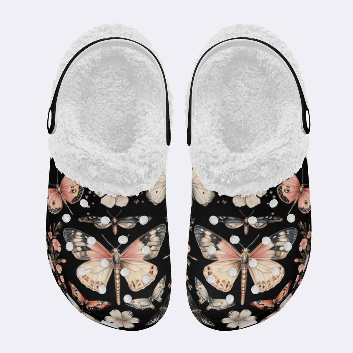 Vintage Butterfly Floral Print - Fur Lined Slippers/Sandals