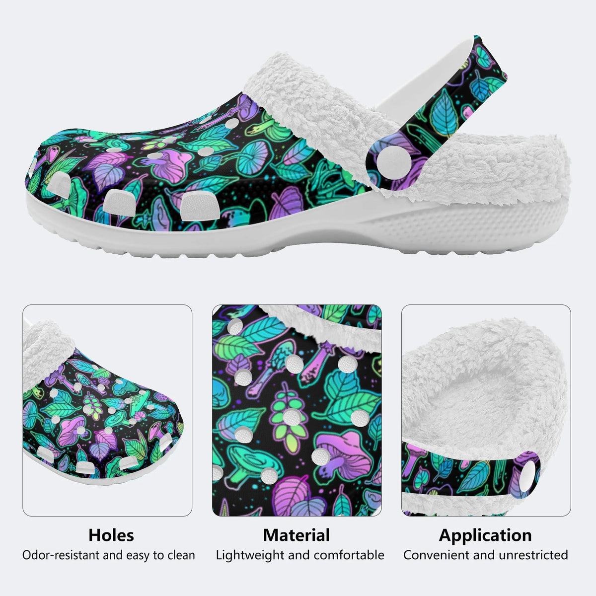 Bright Mushrooms&Plant Leaves Print- Fur Lined Slippers/Sandals