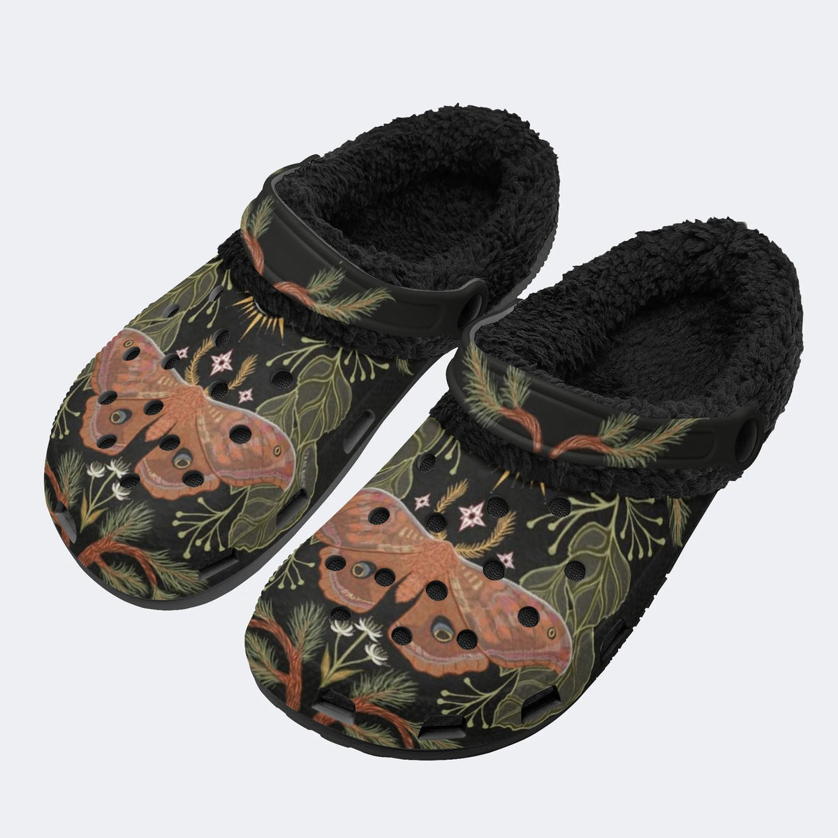Dark Botanical Moth - Fur Lined Slippers/Sandals