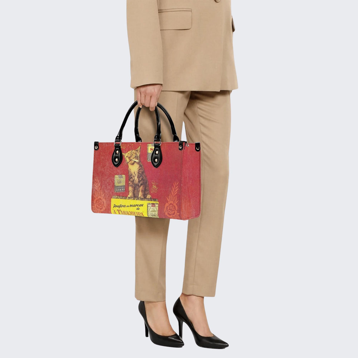 Retro Smoking Cat - Leather Handbag