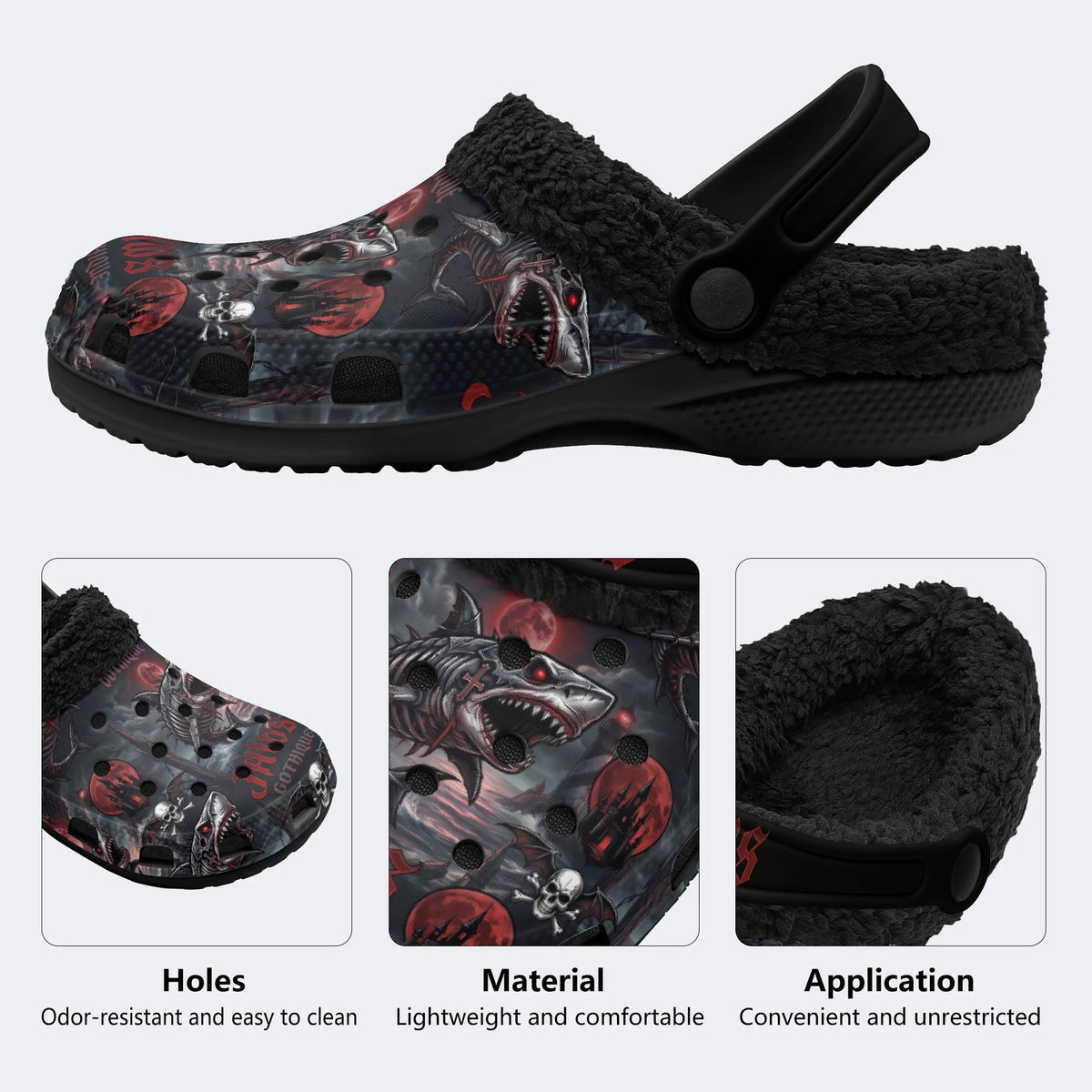 Gothic Skeleton Shark Skull Blood Moon Castle - Fur Lined Slippers/Sandals