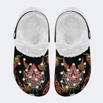 Japanese Traditional Hannya Mask Print - Removable Fur Lined Slippers/Sandals