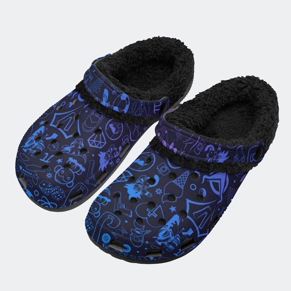 Playful Blue Icon Print - Fur Lined Slippers/Sandals