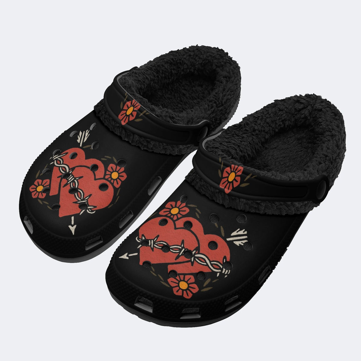 Gothic Thorn Heart Tattoo - Fur Lined Slippers/Sandals