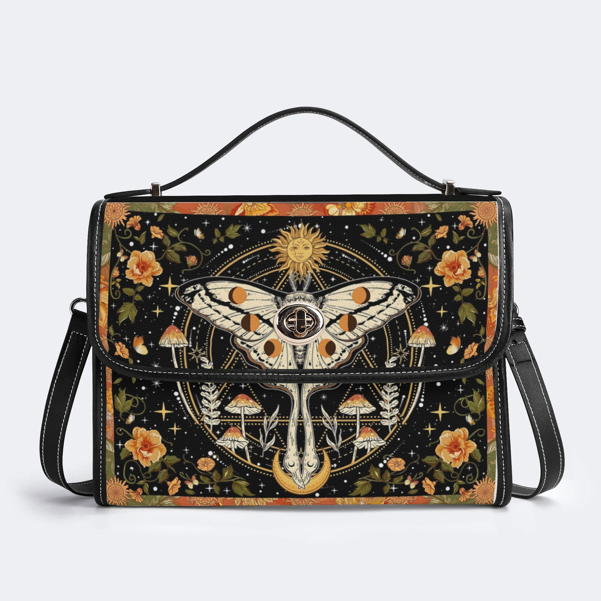 Retro Bohemian Sun Moon Star Moth - Leather Satchel Bag