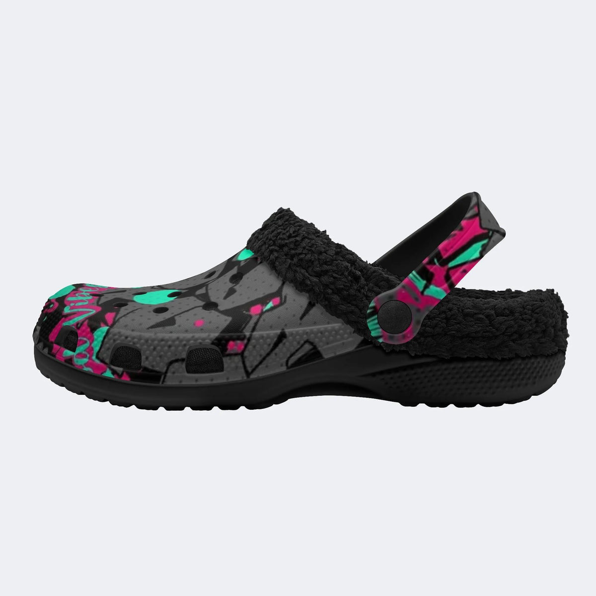 Pink Teal Street Graffiti - Fur Lined Slippers/Sandals