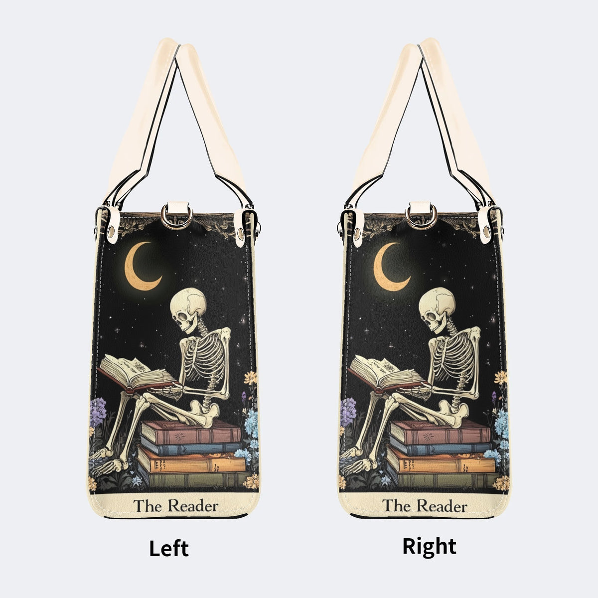 Skeleton Reading A Book Among Flowers - Leather Handbag