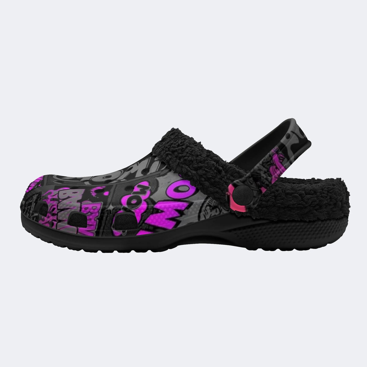Pink Black Comic Collage - Fur Lined Slippers/Sandals