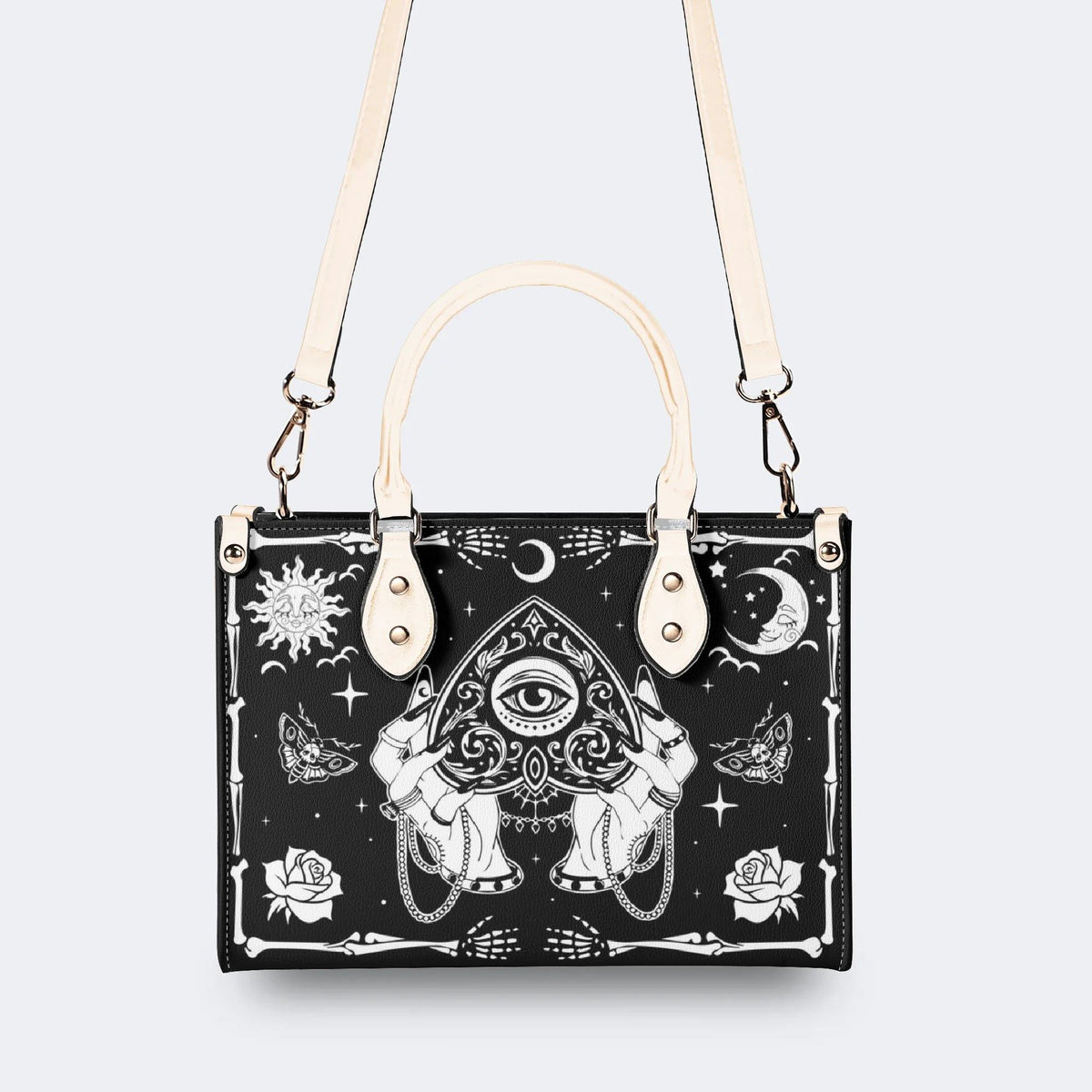 Poker Eyes And Moth Print - Leather Handbag