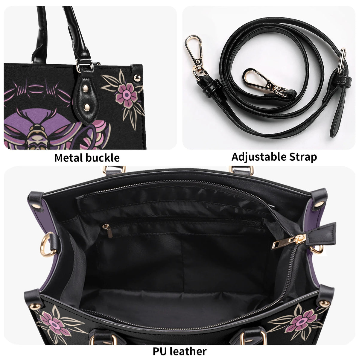 Purple Death Moth Print - Leather Handbag