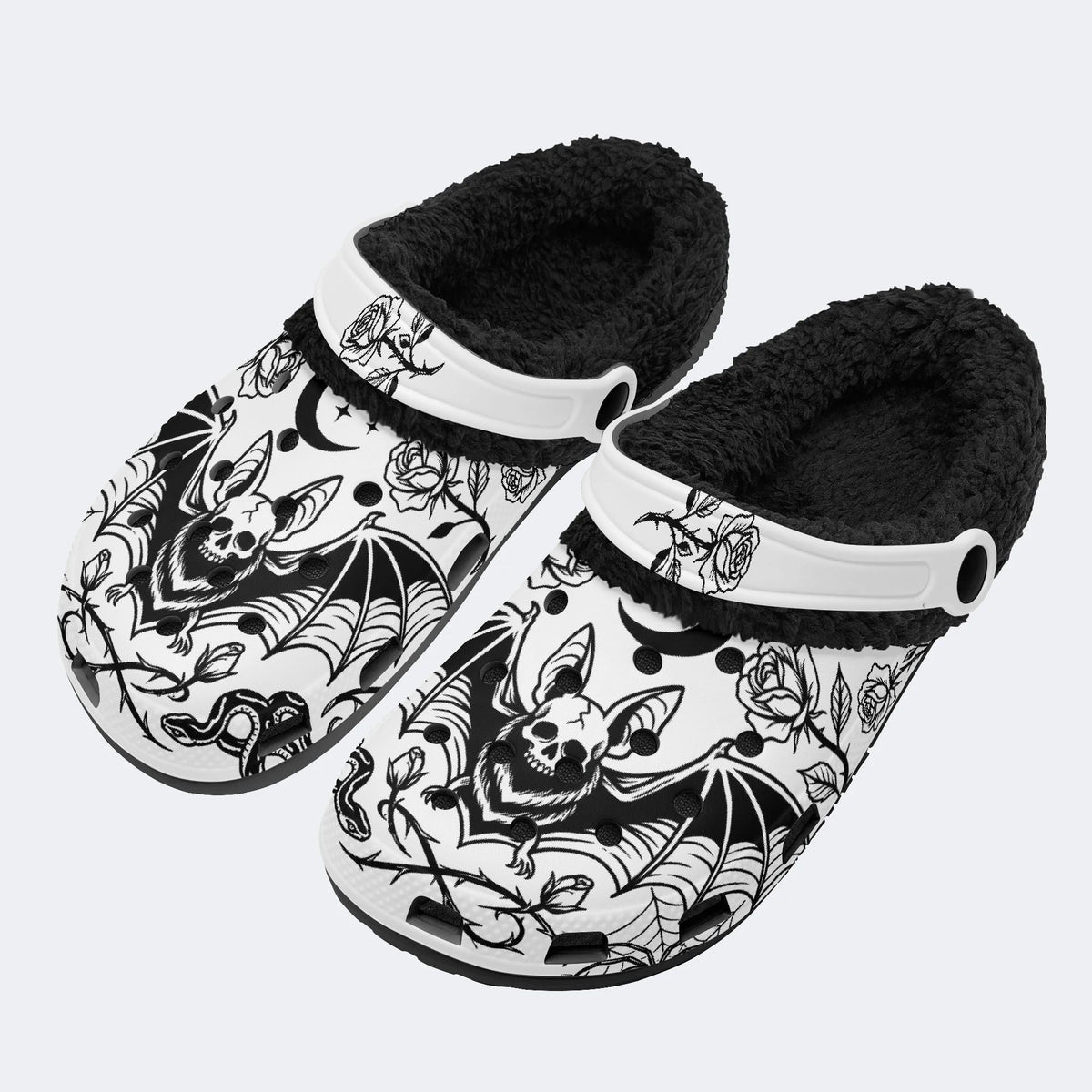 Gothic Bat Skull Rose - Fur Lined Slippers/Sandals