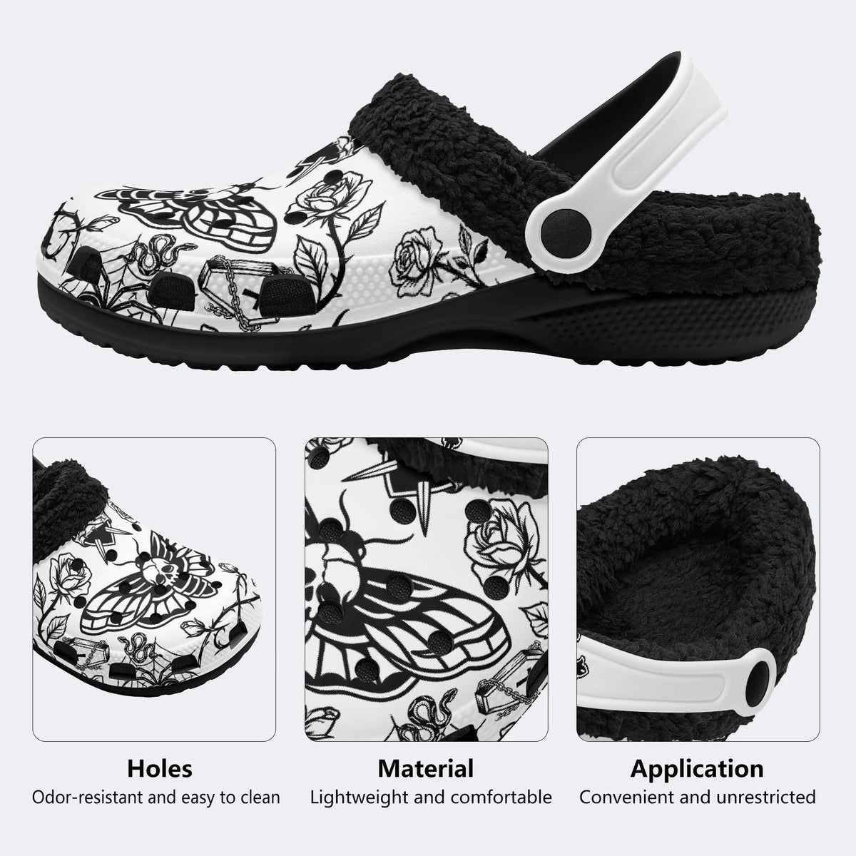 Gothic Death Moth Skull Rose Cross - Fur Lined Slippers/Sandals