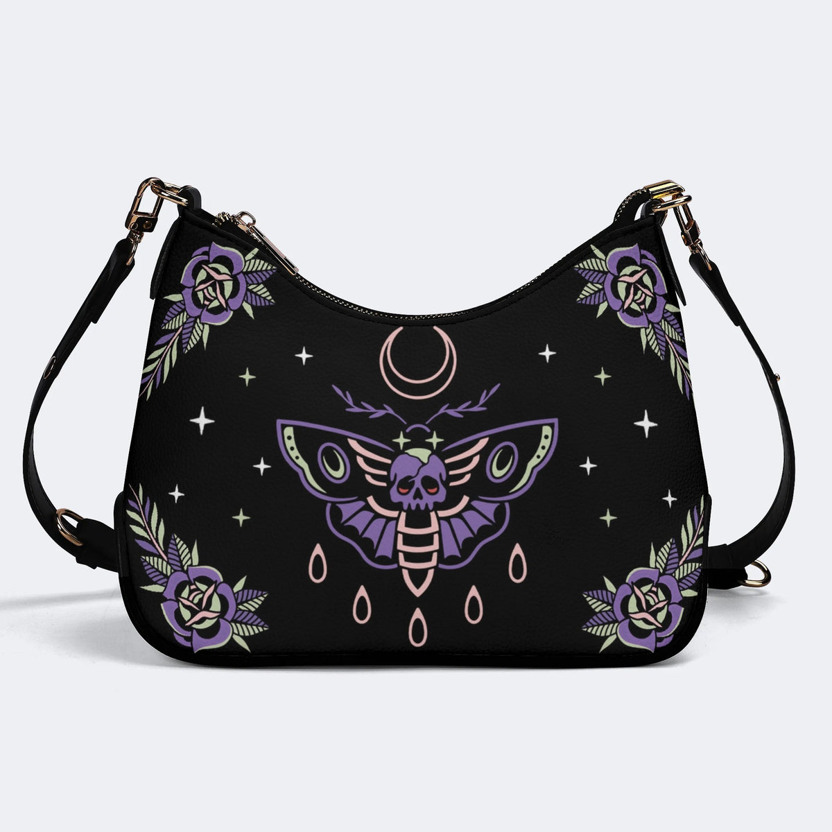 Purple Death Moth Print - Leather Crossbody Bag