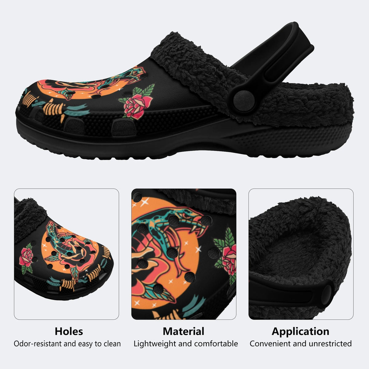 Old School Rose and Snake Print - Fur Lined Slippers/Sandals