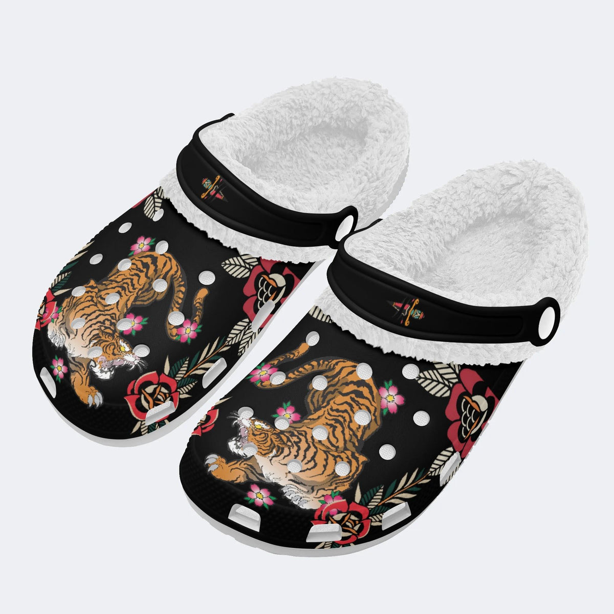 Tiger With Flowers Print - Fur Lined Slippers/Sandals