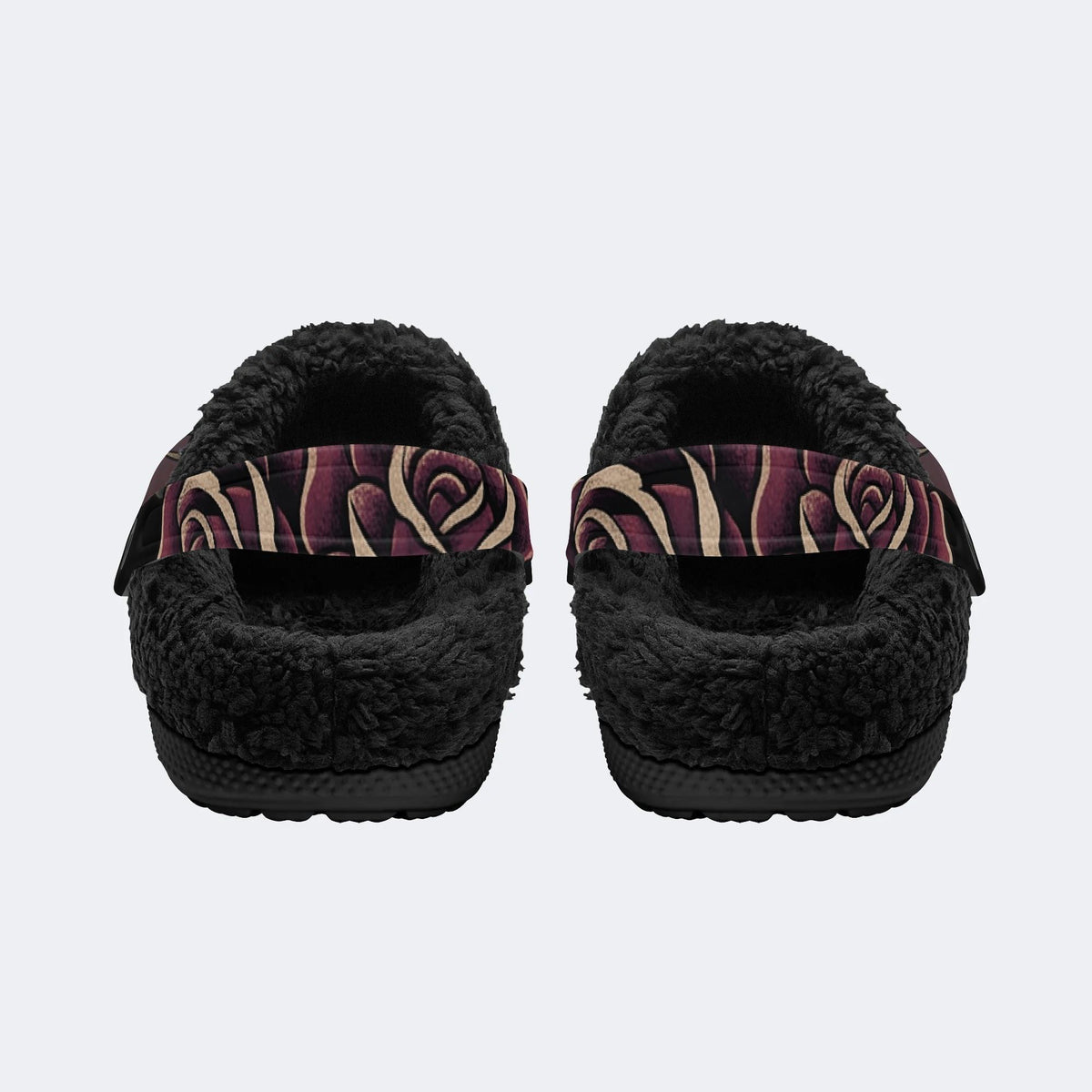 Gothic Skull Burgundy Rose Thorn Bat - Fur Lined Slippers/Sandals