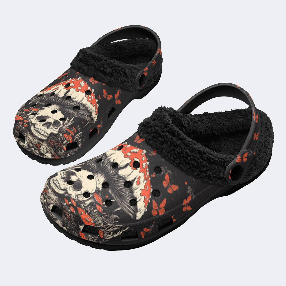 Poisonous Mushrooms&Skull Print - Fur Lined Slippers/Sandals