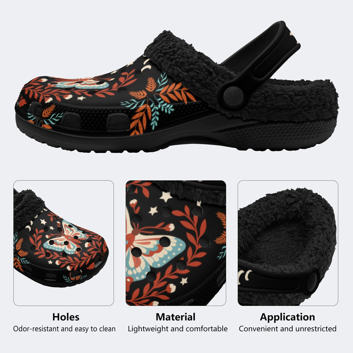 Moth And Leaf Print - Fur Lined Slippers/Sandals